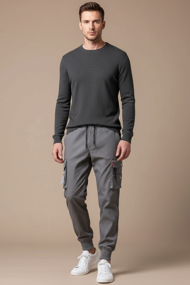 Pantalon Cargo Gris Multi-Poches Jogger Cordon Homme - Polyester