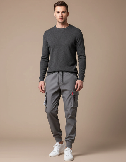 Pantalon Cargo Gris Multi-Poches Jogger Cordon Homme - Polyester