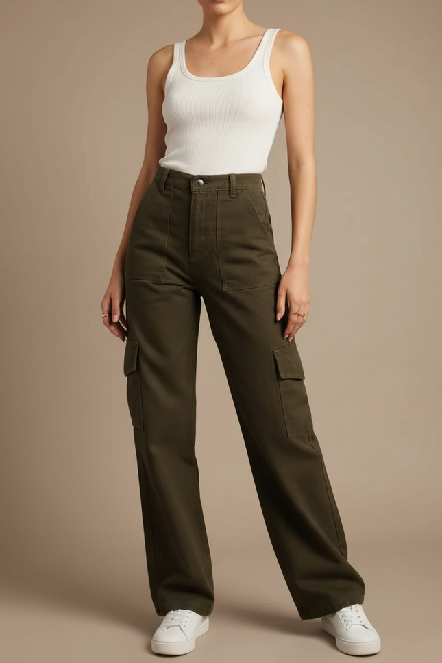 Pantalon Cargo Vert Militaire Ample Taille Haute Femme - Kaki Toile