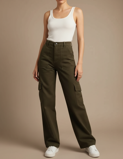 Pantalon Cargo Vert Militaire Ample Taille Haute Femme - Kaki Toile