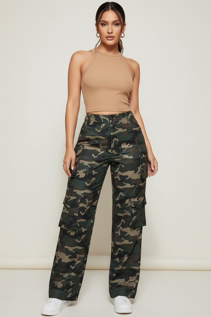 Pantalon Cargo Camouflage Militaire Vert Ample Poches - Toile