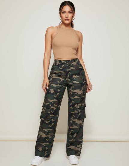 Pantalon Cargo Camouflage Militaire Vert Ample Poches - Toile