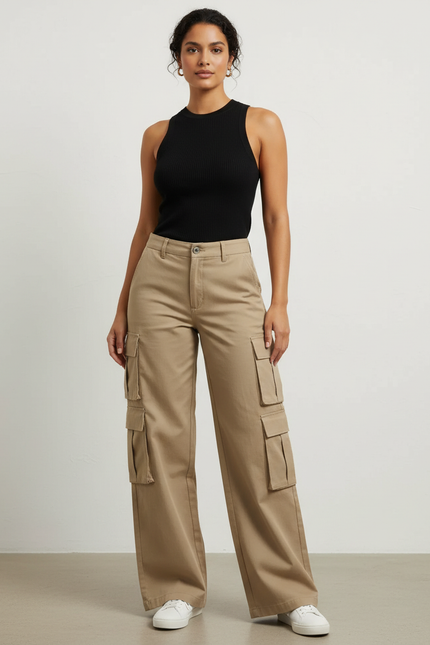 Pantalon Cargo Kaki Ample Multipoches Style Urbain Femme - Gabardine