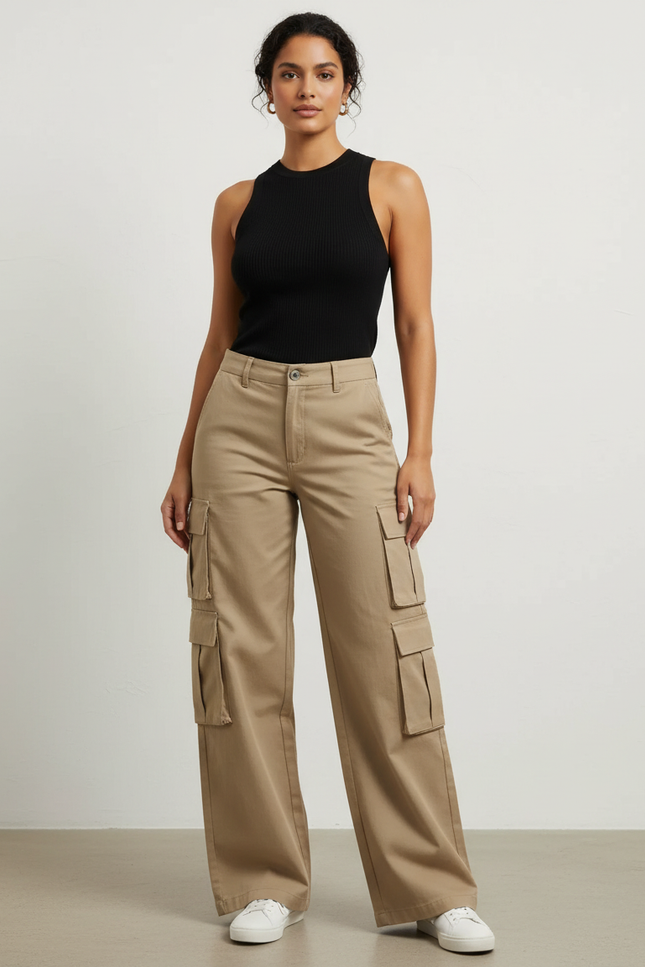 Pantalon Cargo Kaki Ample Multipoches Style Urbain Femme - Gabardine