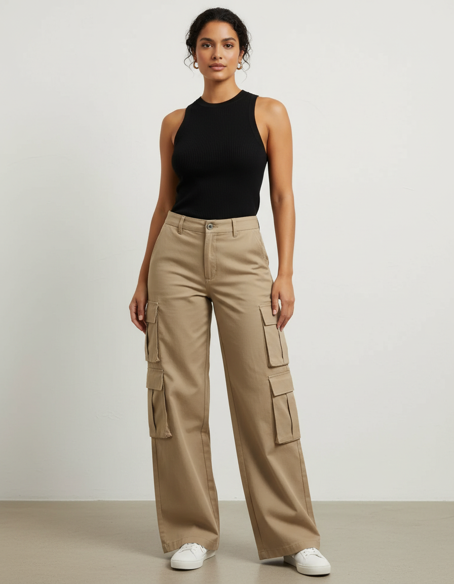 Pantalon Cargo Kaki Ample Multipoches Style Urbain Femme - Gabardine