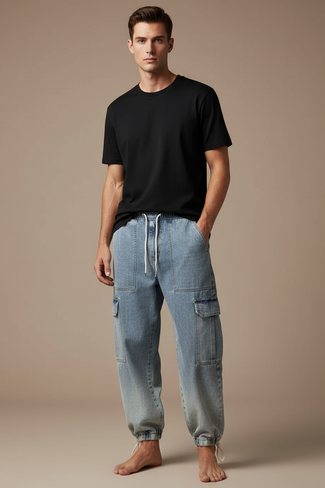 Pantalon Cargo Denim Ample Bleu Cordon Homme - Jean