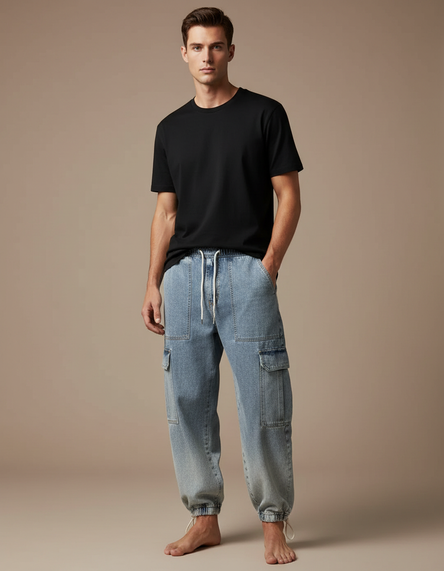 Pantalon Cargo Denim Ample Bleu Cordon Homme - Jean