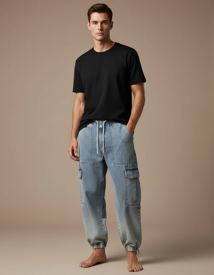 Pantalon Cargo Denim Ample Bleu Cordon Homme - Jean