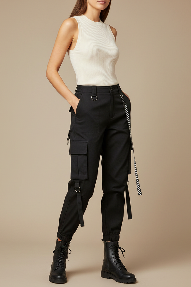 Pantalon Cargo Noir Ample Tendance Décontracté Femme - Toile