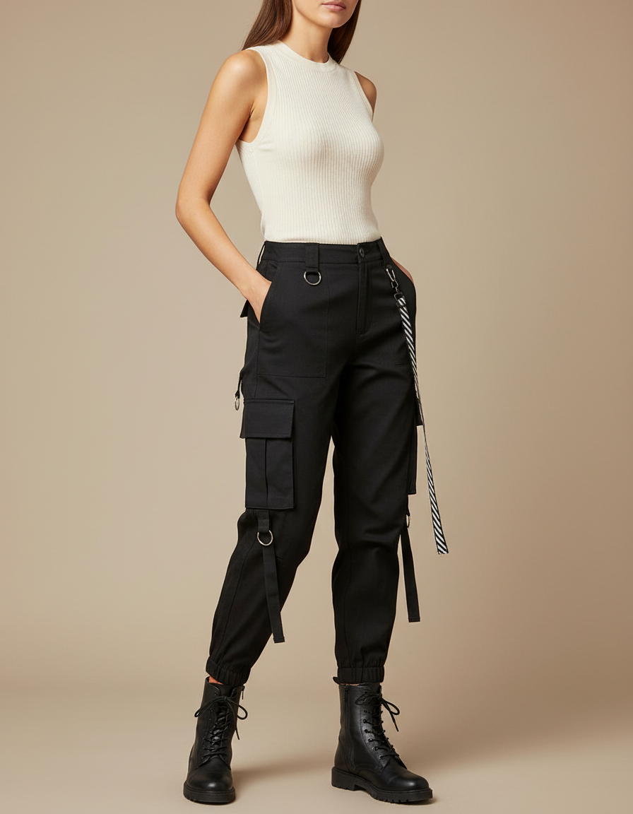 Pantalon Cargo Noir Ample Tendance Décontracté Femme - Toile