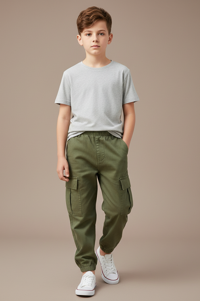 Pantalon Cargo Vert Kaki Décontracté Poches Enfant - Toile