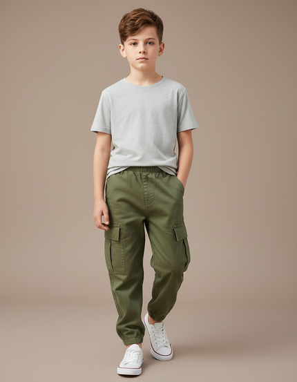 Pantalon Cargo Vert Kaki Décontracté Poches Enfant - Toile