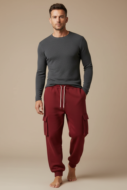 Pantalon Cargo Rouge Molleton Ample Multipoches Homme - Bordeaux