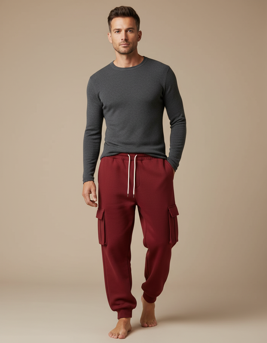 Pantalon Cargo Rouge Molleton Ample Multipoches Homme - Bordeaux