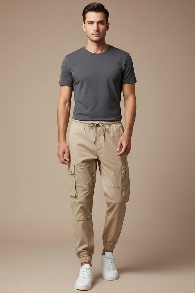 Pantalon Cargo Beige Décontracté Multipoches Homme Coton