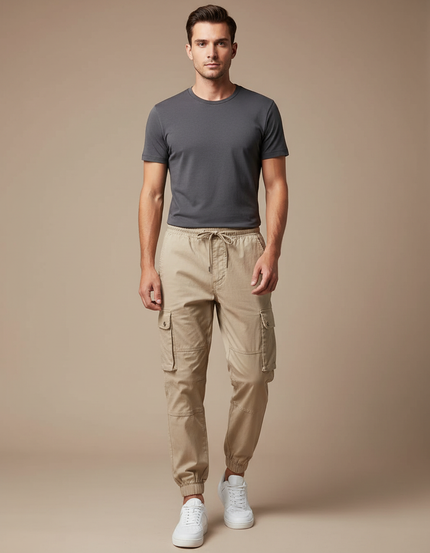 Pantalon Cargo Beige Décontracté Multipoches Homme Coton
