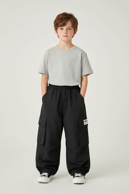 Pantalon Cargo Noir Ample Multipoches Décontracté Garçon - Polyester
