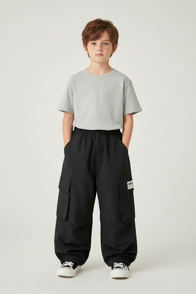 Pantalon Cargo Noir Ample Multipoches Décontracté Garçon - Polyester