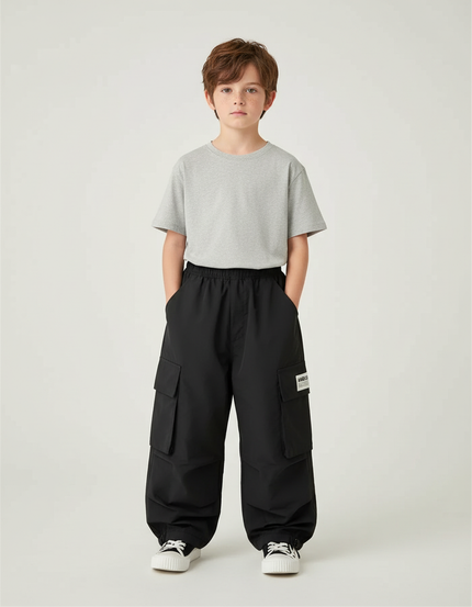 Pantalon Cargo Noir Ample Multipoches Décontracté Garçon - Polyester