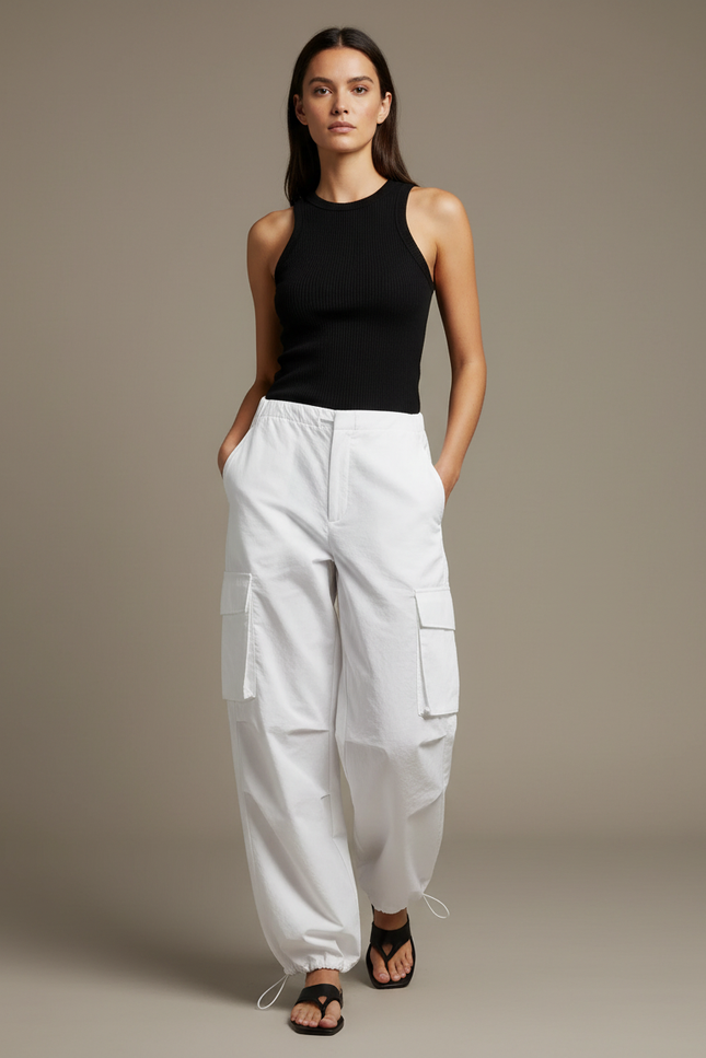 Pantalon Cargo Blanc Ample Cordon Taille Haute - Toile