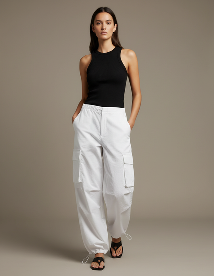 Pantalon Cargo Blanc Ample Cordon Taille Haute - Toile