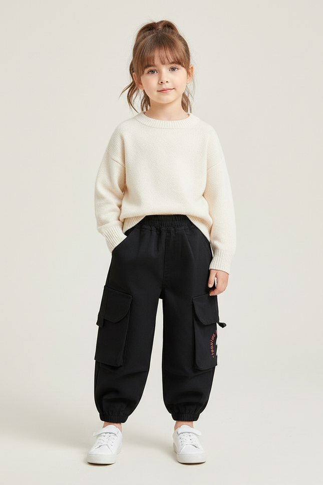 Pantalon Cargo Noir Ample Enfant Multipoches Décontracté - Coton