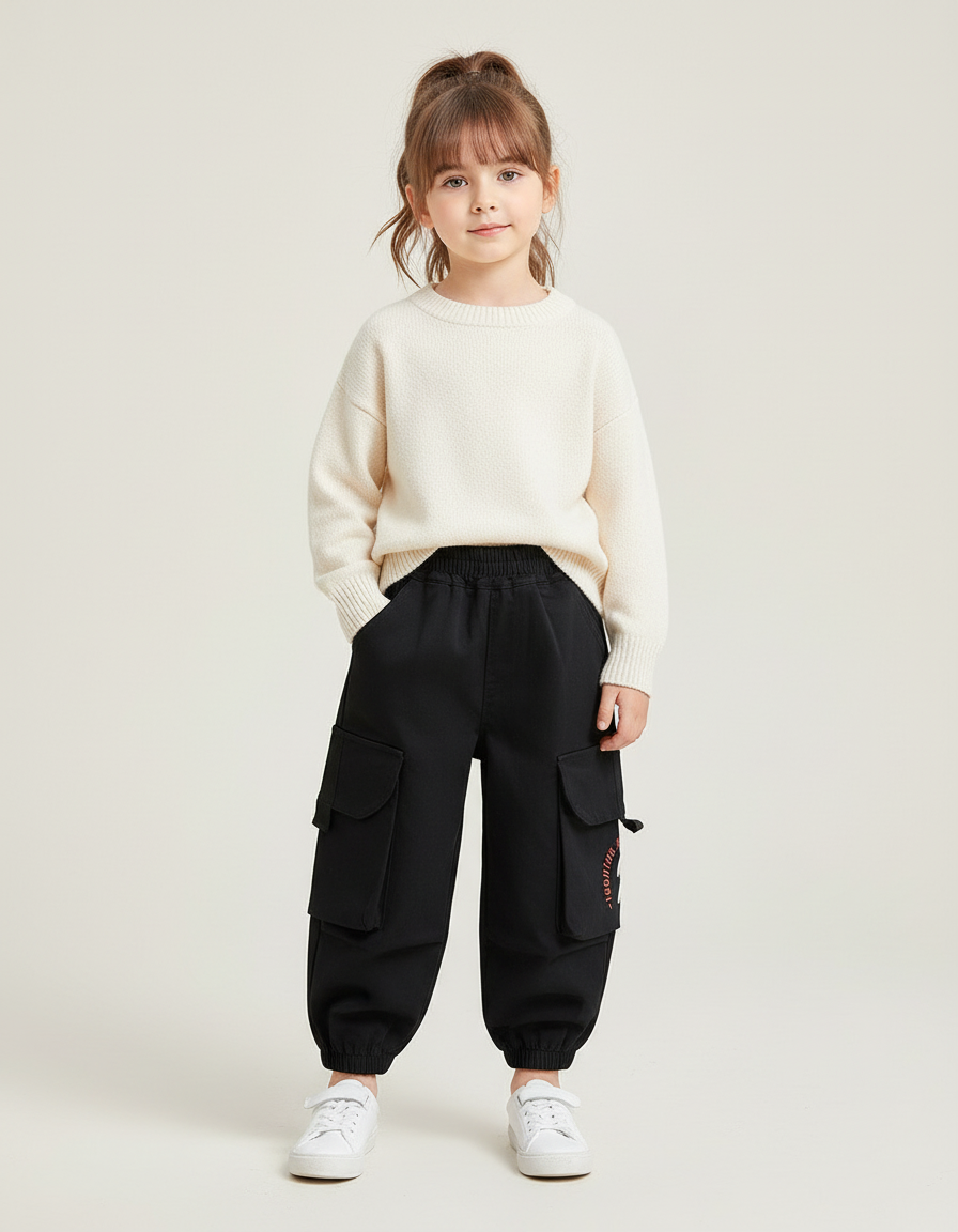 Pantalon Cargo Noir Ample Enfant Multipoches Décontracté - Coton