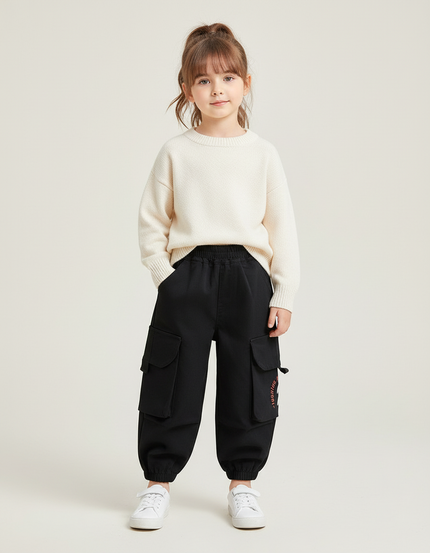 Pantalon Cargo Noir Ample Enfant Multipoches Décontracté - Coton