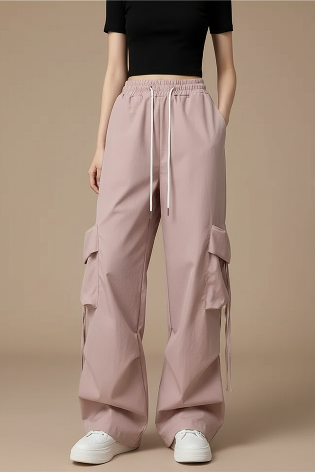 Pantalon Cargo Ample Rose Clair Décontracté Femme - Polyester