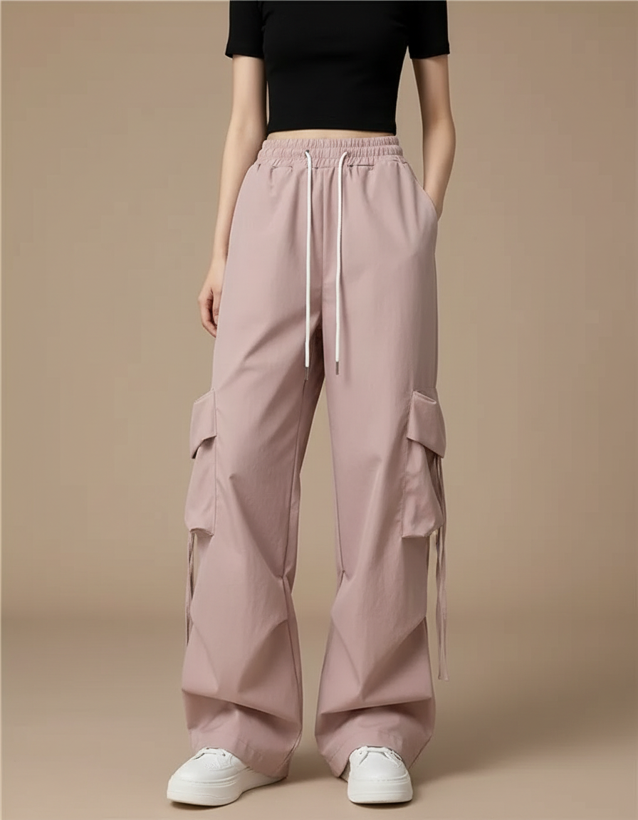 Pantalon Cargo Ample Rose Clair Décontracté Femme - Polyester