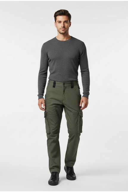 Pantalon Cargo Vert Olive Droit Décontracté Homme - Kaki Gabardine
