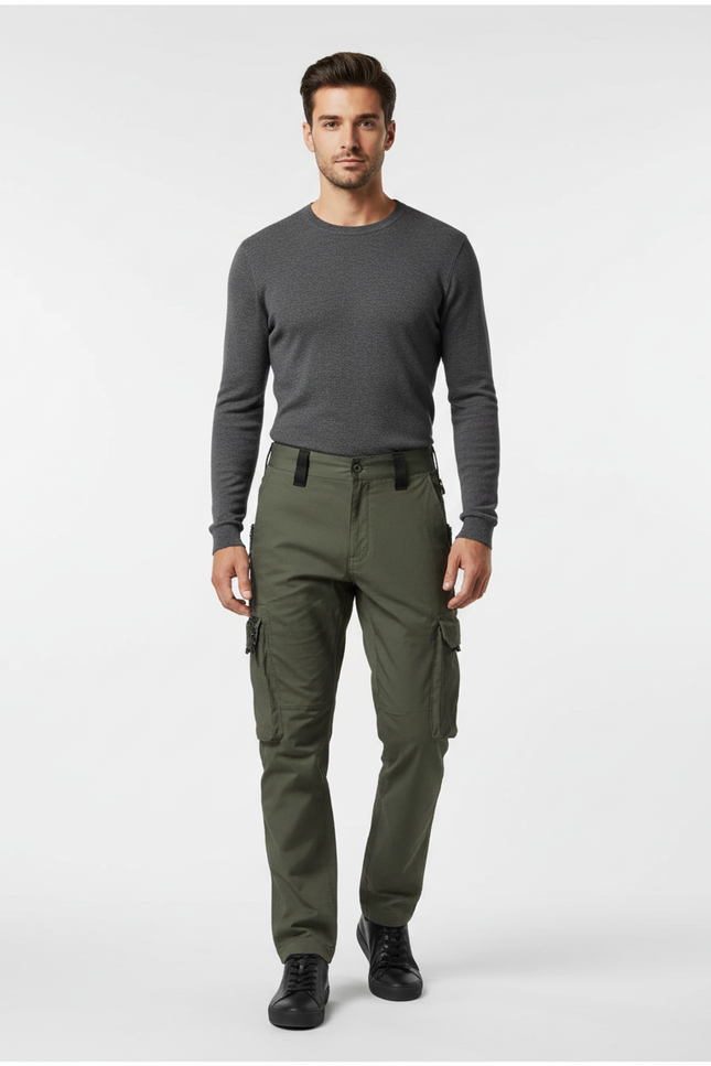 Pantalon Cargo Vert Olive Droit Décontracté Homme - Kaki Gabardine