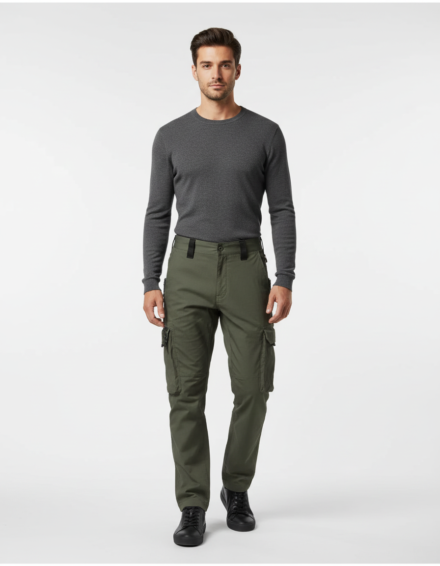 Pantalon Cargo Vert Olive Droit Décontracté Homme - Kaki Gabardine