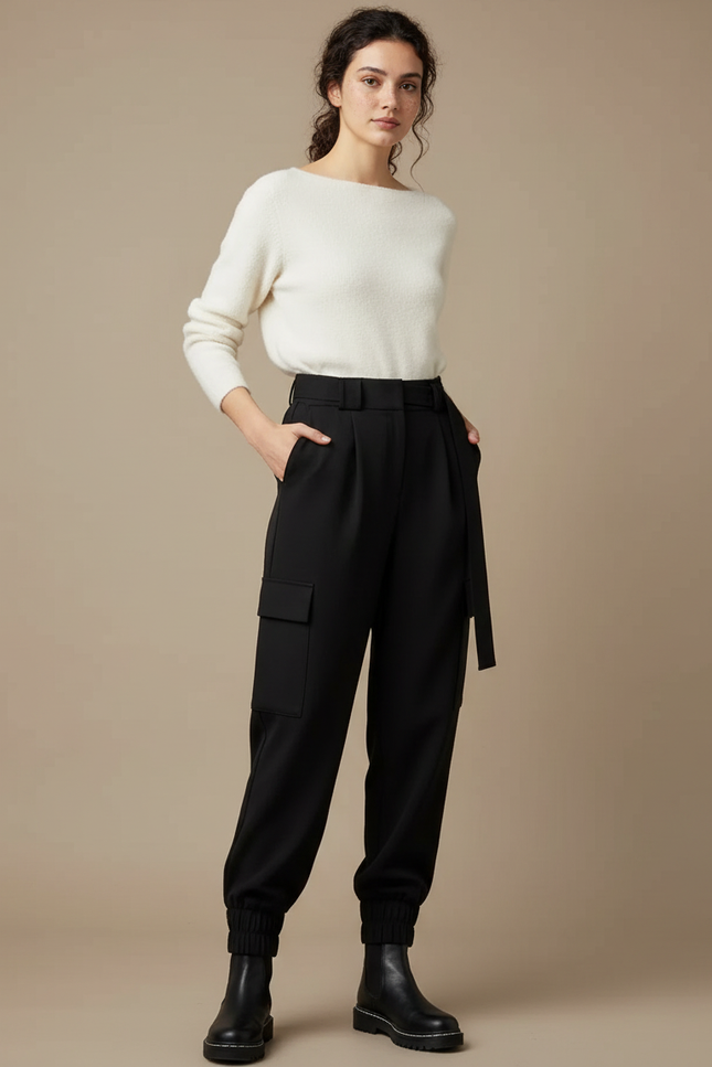 Pantalon Cargo Noir Ample Ceinture Hiver Femme - Gabardine