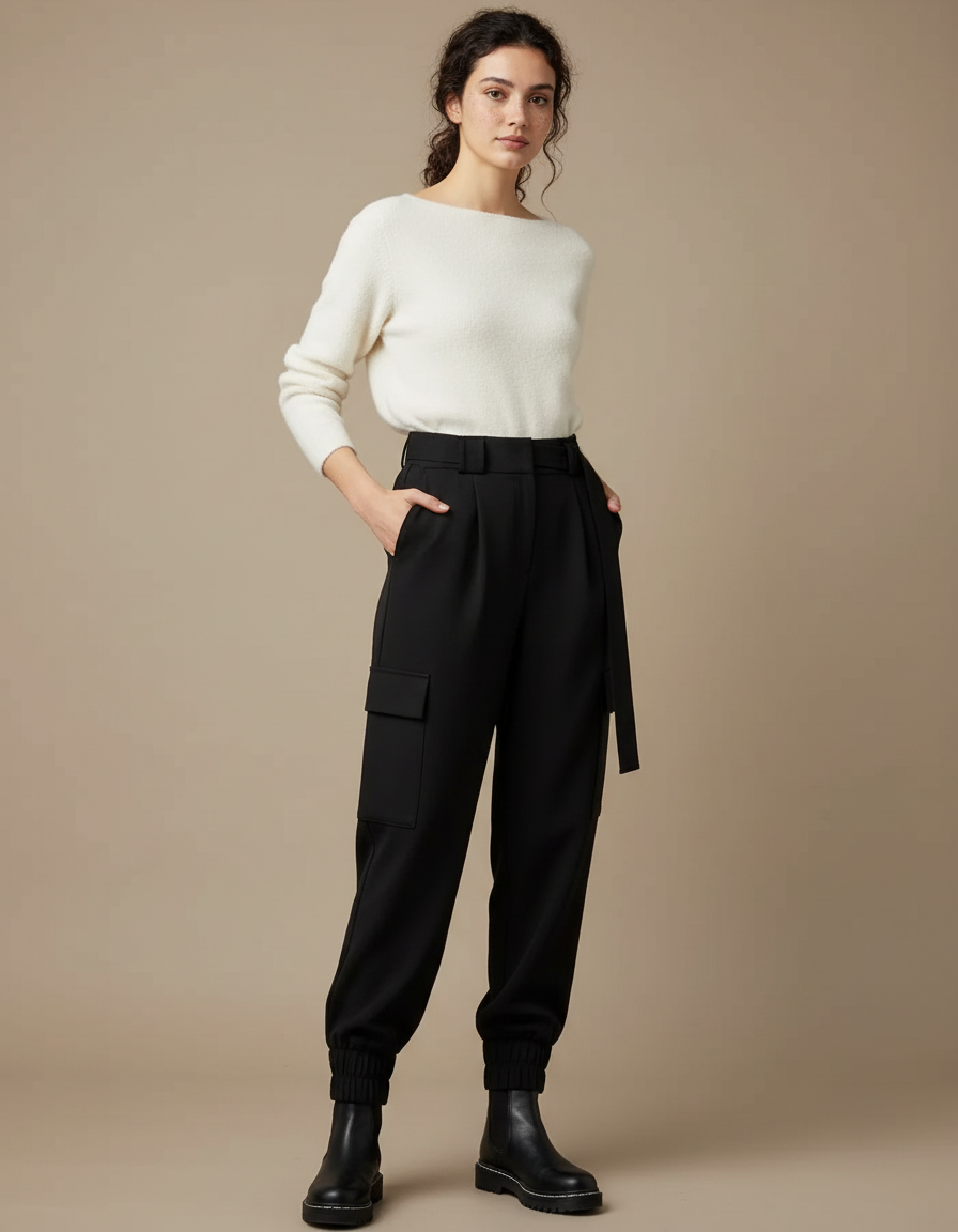Pantalon Cargo Noir Ample Ceinture Hiver Femme - Gabardine