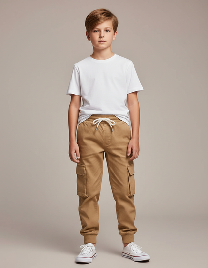 Pantalon Cargo Beige Coton Multipoches Enfant Décontracté - Toile