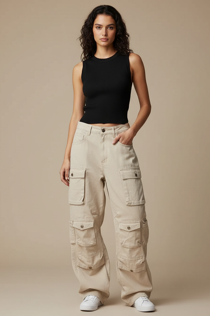 Pantalon Cargo Beige Ample Multipoches Femme - Toile