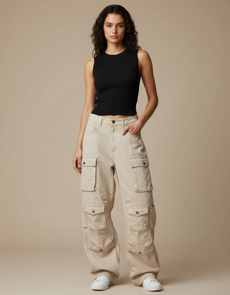 Pantalon Cargo Beige Ample Multipoches Femme - Toile