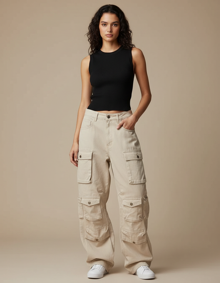 Pantalon Cargo Beige Ample Multipoches Femme - Toile