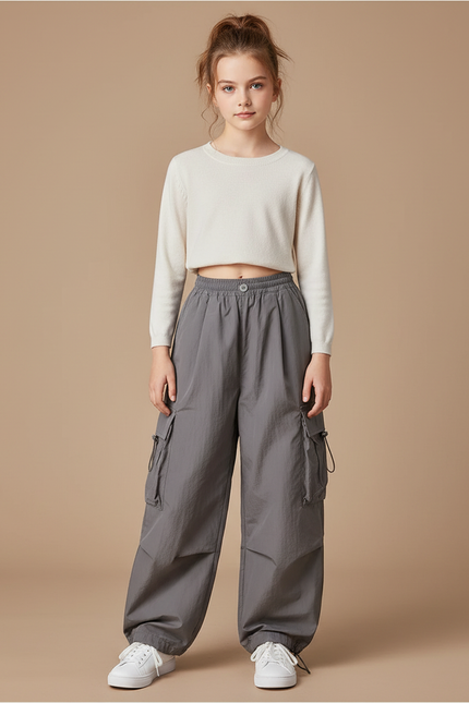 Pantalon Cargo Gris Ample Taille Haute Décontracté Fille - Polyester