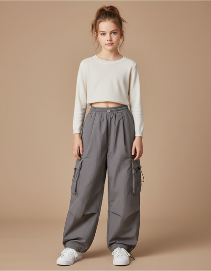 Pantalon Cargo Gris Ample Taille Haute Décontracté Fille - Polyester