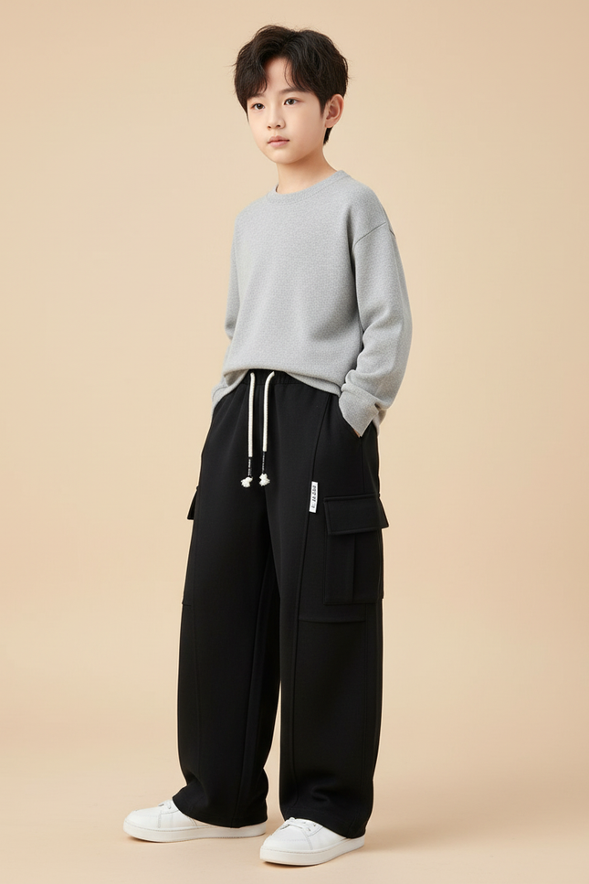 Pantalon Cargo Garçon Noir Baggy - Molleton