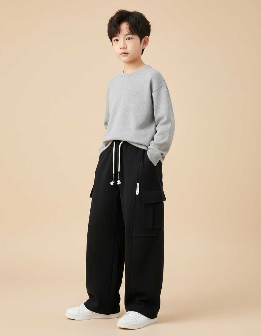 Pantalon Cargo Garçon Noir Baggy - Molleton