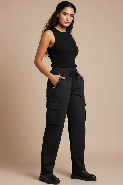 Pantalon Cargo Femme Noir Large - Polyester
