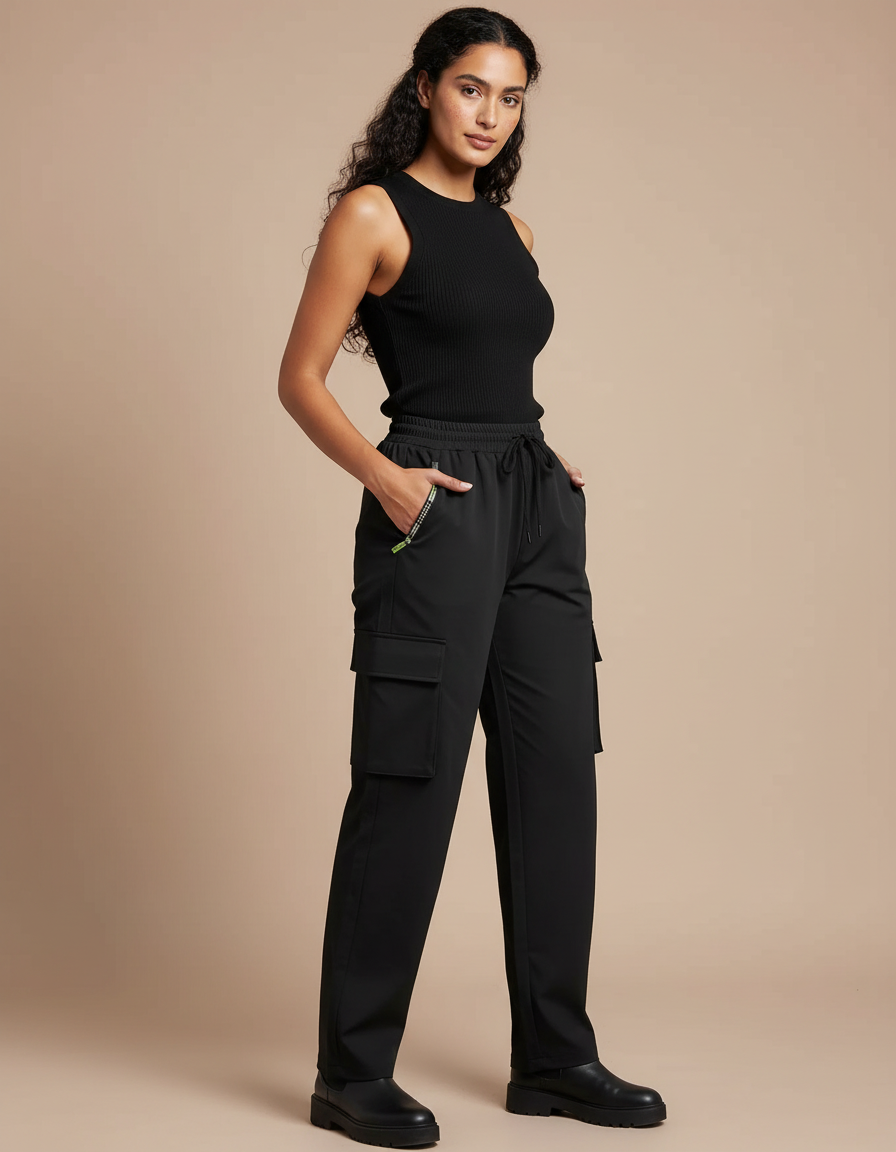Pantalon Cargo Femme Noir Large - Polyester