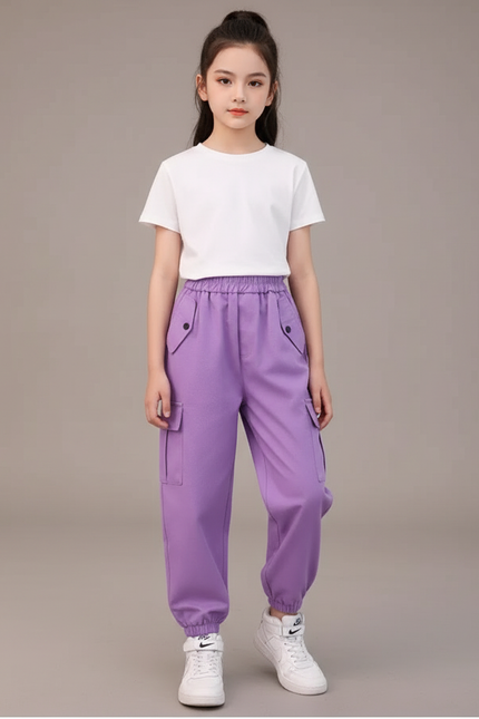 Pantalon Cargo Fille Violet Coton Ample Multipoches