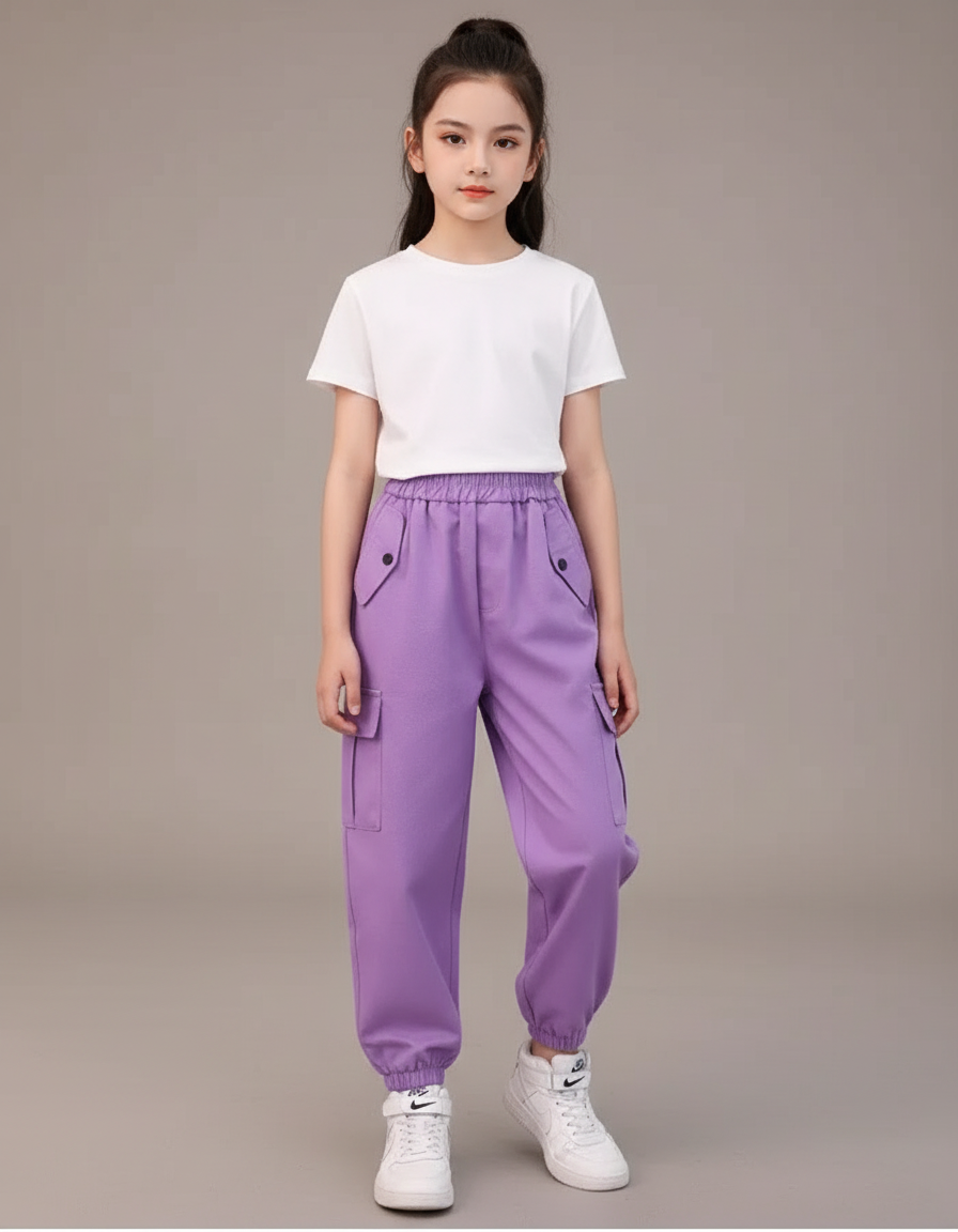 Pantalon Cargo Fille Violet Coton Ample Multipoches
