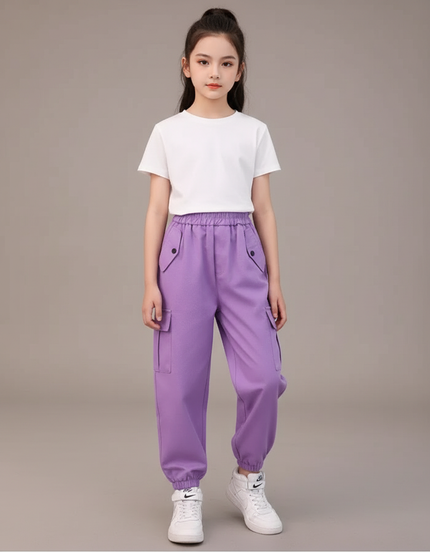 Pantalon Cargo Fille Violet Coton Ample Multipoches