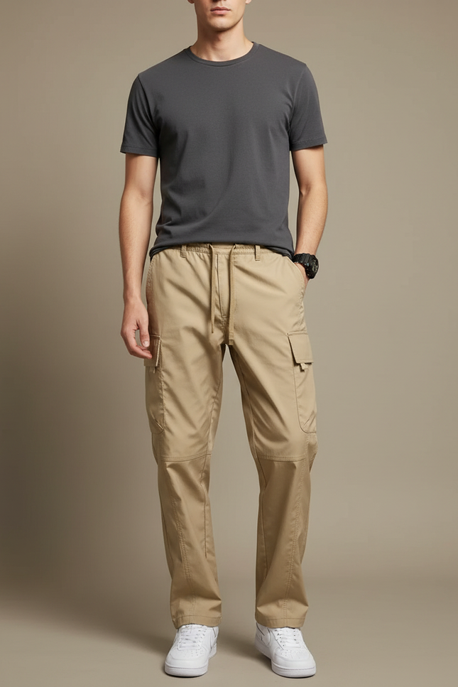 Pantalon Cargo Homme Beige Droit Multipoches Décontracté - Toile