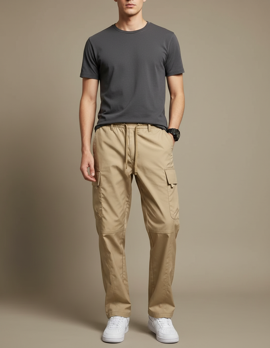 Pantalon Cargo Homme Beige Droit Multipoches Décontracté - Toile